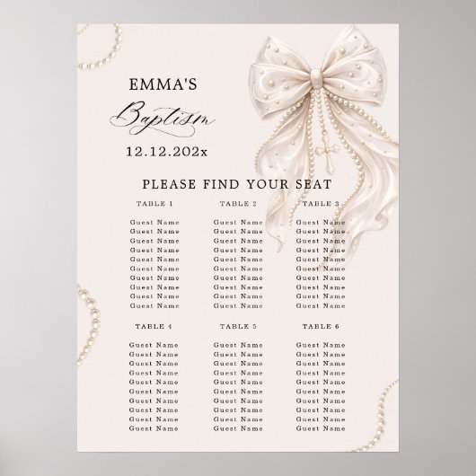 Baptism Coquette Bow and Pearl Seating Chart ポスター (正面)