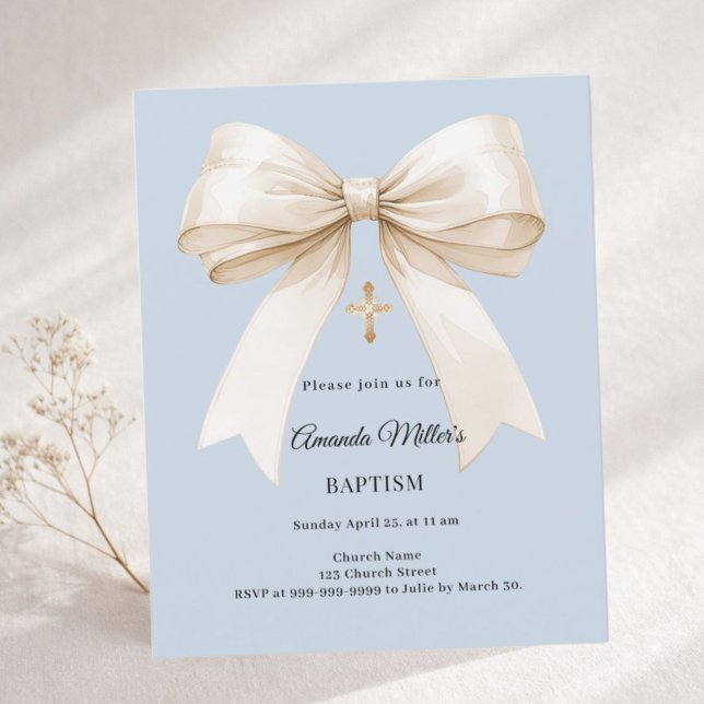 Baptism dusty blue beige bow boy invitation (クリエイターアップロード済み)