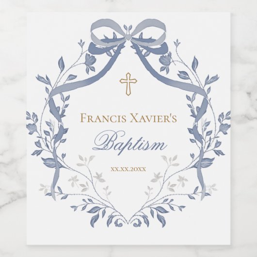 Baptism elegant blue bow ワインラベル (シングルラベル)