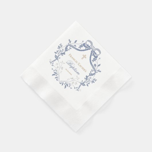 Baptism elegant blue bow 縁ありカクテルナプキン (角)
