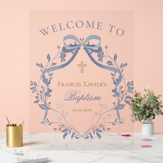 Baptism elegant blue bow welcome sign アクリルサイン (ウェディング)