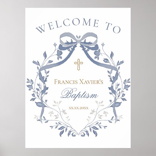 Baptism elegant blue bow welcome sign ポスター (正面)
