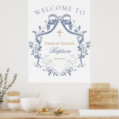 Baptism elegant blue bow welcome sign ポスター (キッチン)
