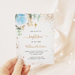 Baptism eucalyptus blue floral budget invitation チラシ