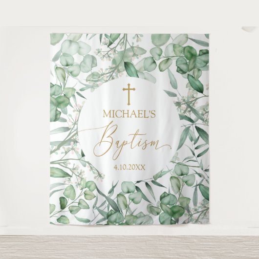 Baptism Eucalyptus greenery backdrop banner タペストリー (正面)