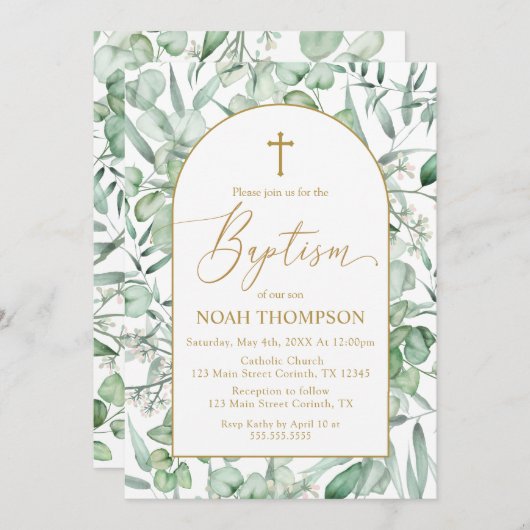 Baptism Eucalyptus leaves Invitation 招待状 (正面/裏面)