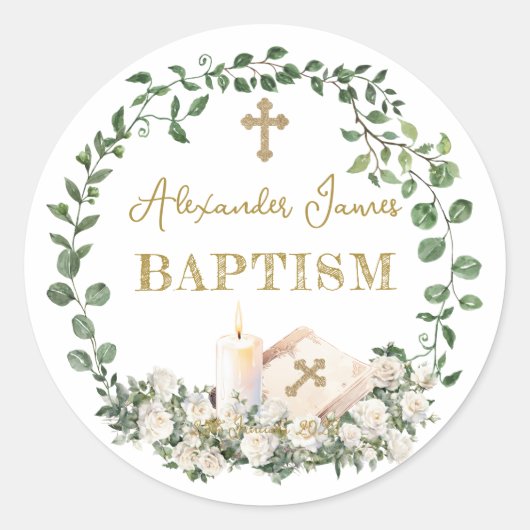 Baptism Eucalyptus Roses Cross  ラウンドシール (正面)