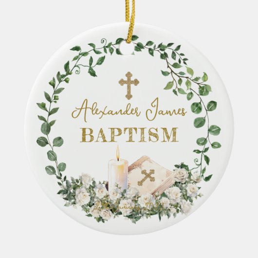 Baptism Eucalyptus Roses Cross Photo セラミックオーナメント (正面)