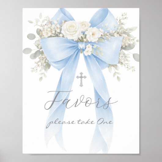 Baptism Favor Blue Bow Eucalyptus ポスター (正面)