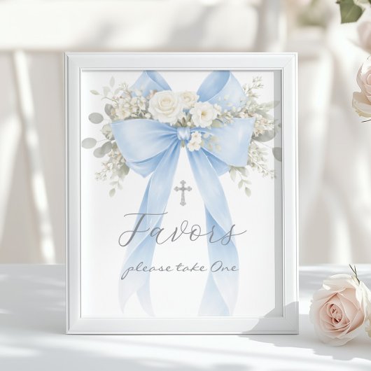 Baptism Favor Blue Bow Eucalyptus ポスター