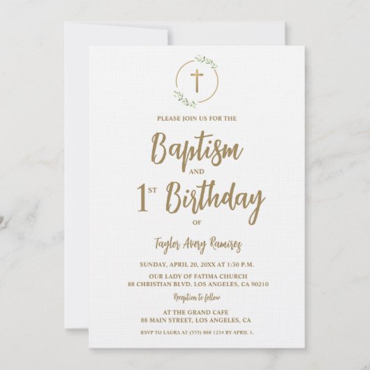 Baptism First Birthday Greenery wreath Gold cross 招待状 (正面)