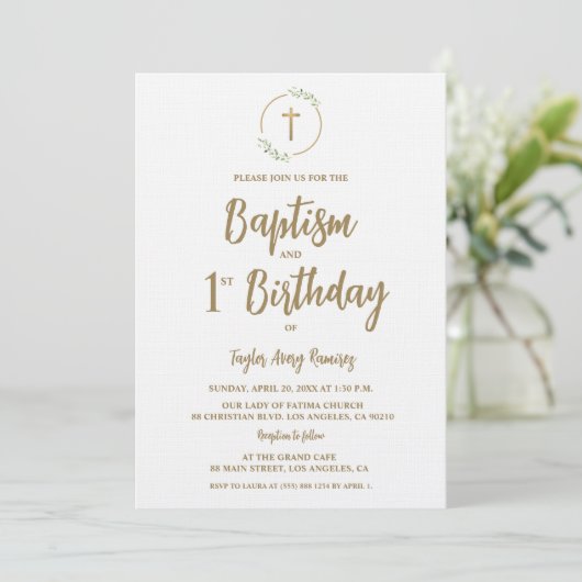Baptism First Birthday Greenery wreath Gold cross 招待状 (スタンド正面)