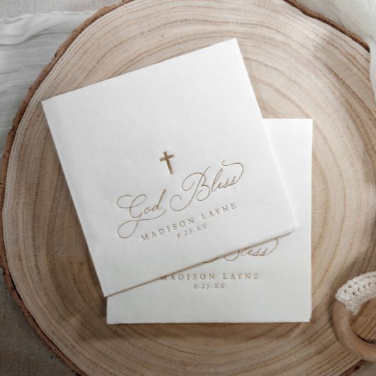 Baptism First Communion Gold God Bless Cross 箔ナプキン