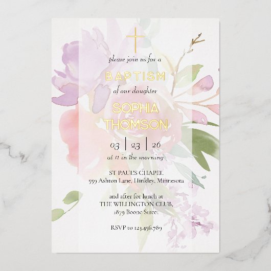 Baptism floral invitation 箔招待状 (正面)