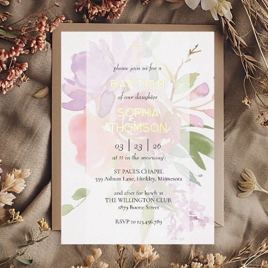 Baptism floral invitation 箔招待状