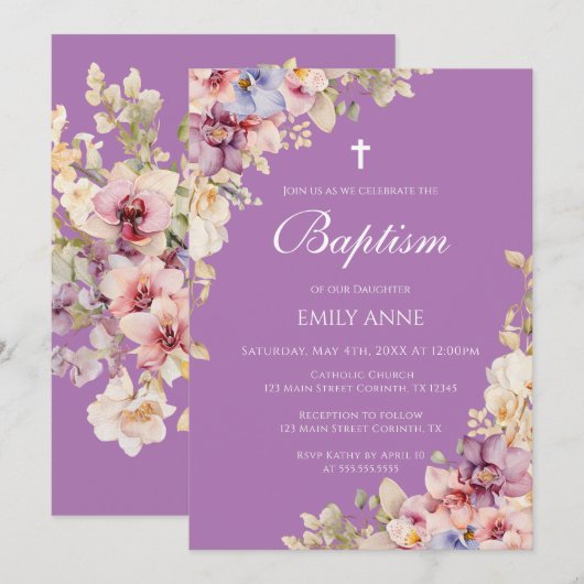Baptism Floral Orchids purple Invitation 招待状 (正面/裏面)