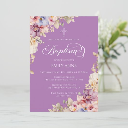 Baptism Floral Orchids purple Invitation 招待状 (スタンド正面)