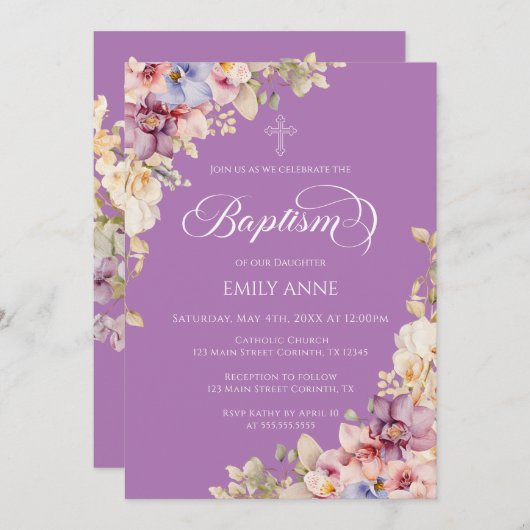 Baptism Floral Orchids purple Invitation 招待状 (正面/裏面)