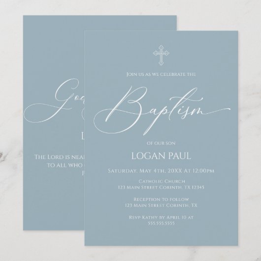 Baptism God Bless Blue Invitation 招待状 (正面/裏面)