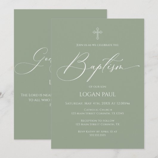 Baptism God Bless Sage Invitation 招待状 (正面/裏面)