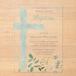 Baptism green watercolor cross アクリル招待状
