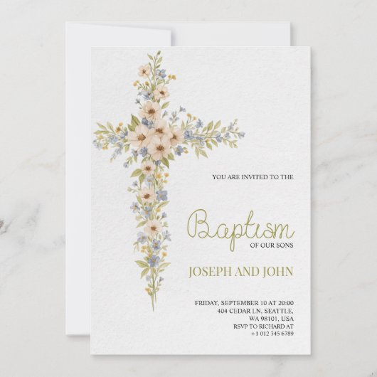 Baptism invitation card featuring a floral cross 招待状 (正面)