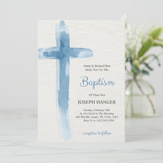 Baptism invitation card featuring blue cross 招待状 (スタンド正面)