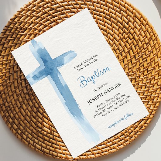 Baptism invitation card featuring blue cross 招待状