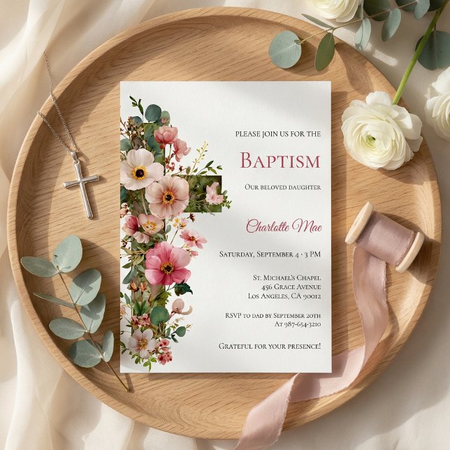 Baptism Invitation Floral Cross Watercolor (クリエイターアップロード済み)
