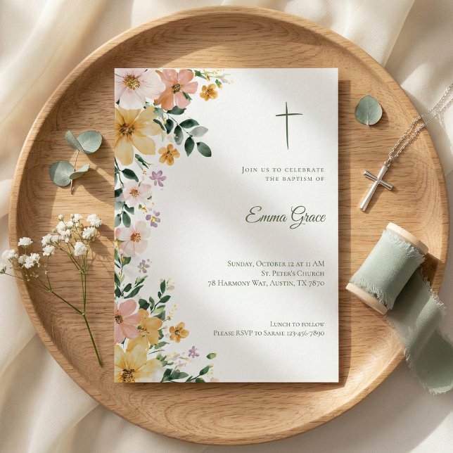 Baptism Invitation Floral Cross Watercolor (クリエイターアップロード済み)