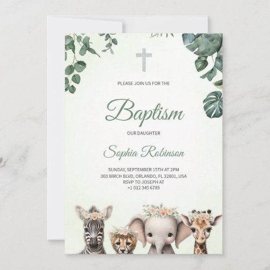 Baptism invitation in watercolour jungle themed  招待状 (正面)