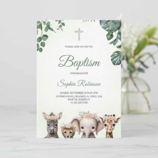 Baptism invitation in watercolour jungle themed  招待状 (スタンド正面)