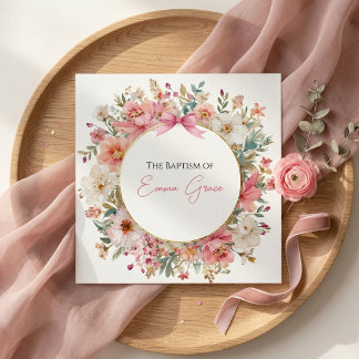 Baptism Invitation Pink Floral Elegant 招待状