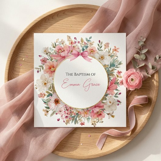 Baptism Invitation Pink Floral Elegant 招待状