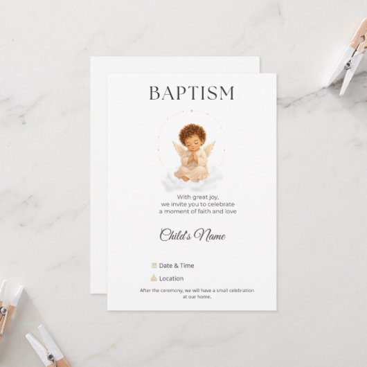 Baptism Invitation with Angel | Personalized 招待状 (正面/裏面インサイチュ)