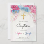  Baptism Invitation with blue floral a gold cross 招待状 (正面)