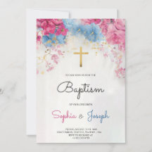  Baptism Invitation with blue floral a gold cross
