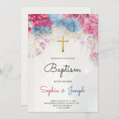 Baptism Invitation with blue floral a gold cross 招待状 (正面/裏面)