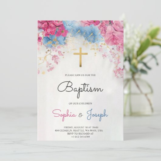  Baptism Invitation with blue floral a gold cross 招待状 (スタンド正面)