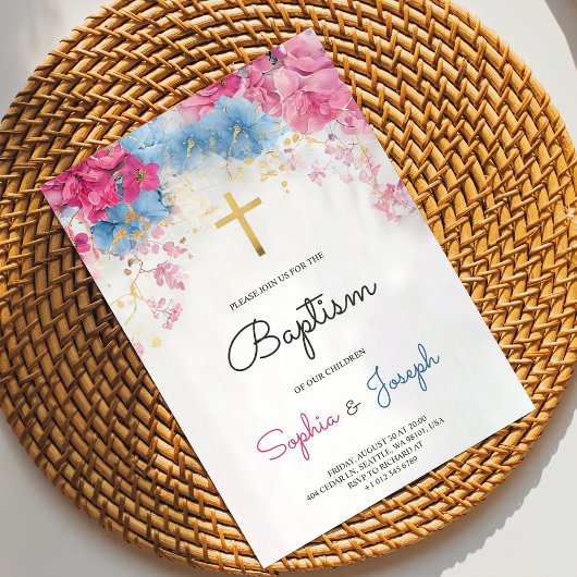  Baptism Invitation with blue floral a gold cross 招待状