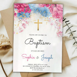  Baptism Invitation with blue floral a gold cross 招待状