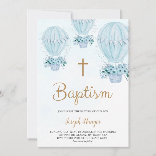 Baptism invitation with blue hot air balloon  招待状 (正面)