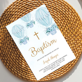 Baptism invitation with blue hot air balloon  招待状