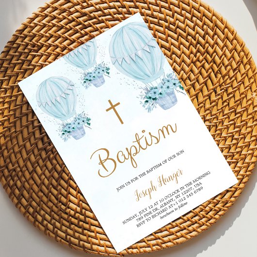 Baptism invitation with blue hot air balloon  招待状