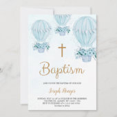Baptism invitation with blue hot air balloon  招待状 (正面)