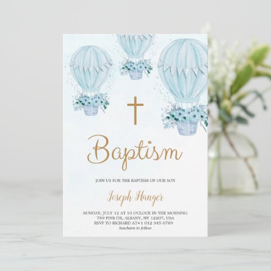 Baptism invitation with blue hot air balloon 招待状 (スタンド正面)