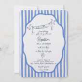 Baptism invitation with doves blue pinstripes 招待状 (正面)