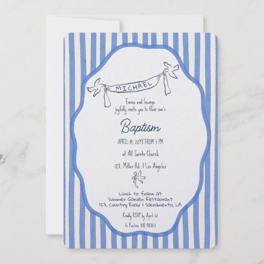 Baptism invitation with doves blue pinstripes 招待状 (正面)