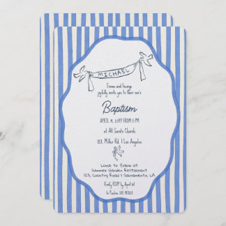 Baptism invitation with doves blue pinstripes 招待状