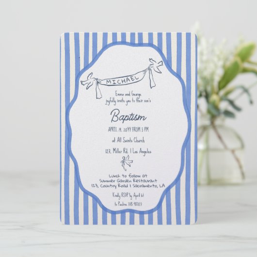 Baptism invitation with doves blue pinstripes 招待状 (スタンド正面)